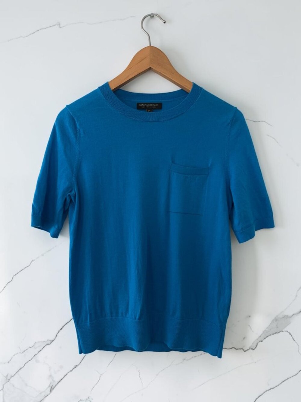 Banana Republic 100% Merino Wool Short Sleeve Sweater Top Medium Blue Crewneck - Picture 2 of 5